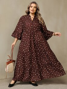 SHEIN CURVE+ فستان نسائي مقاس كبير 22W، فستان طويل للخريف - بني - مشاهدة 7