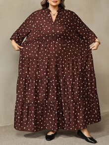 SHEIN CURVE+ فستان نسائي مقاس كبير 22W، فستان طويل للخريف - بني - مشاهدة 4