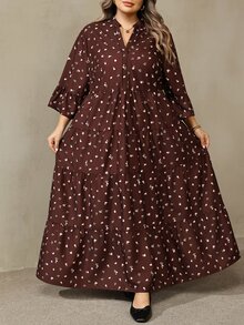 SHEIN CURVE+ فستان نسائي مقاس كبير 22W، فستان طويل للخريف - بني - مشاهدة 3