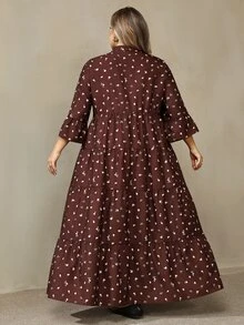 SHEIN CURVE+ فستان نسائي مقاس كبير 22W، فستان طويل للخريف - بني - مشاهدة 2