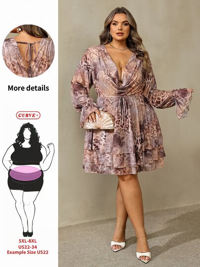 SHEIN CURVE+ فستان أنيق مثير بطبعة نمر وياقة منسدلة للعطلات، فستان فاخر لحفلات عيد الميلاد والمناسبات، مناسب للخريف/الشتاء مقاسات 5XL-8XL