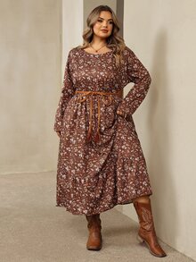 SHEIN CURVE+ French Style Plus Size Women's Long Sleeve Floral Casual Crew Neck Dress, Suitable For Autumn/Winter, 5XL-8XL Fall - Brown - View 5