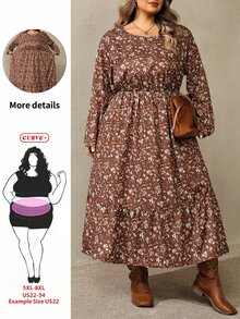 SHEIN CURVE+ French Style Plus Size Women's Long Sleeve Floral Casual Crew Neck Dress, Suitable For Autumn/Winter, 5XL-8XL Fall - Brown - View 1