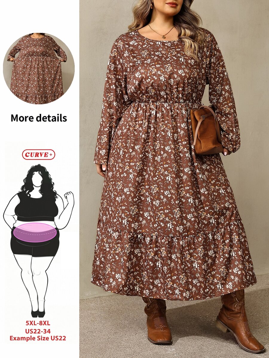 SHEIN CURVE+ French Style Plus Size Women's Long Sleeve Floral Casual Crew Neck Dress, Suitable For Autumn/Winter, 5XL-8XL Fall - Brown - View 1