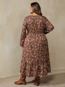 SHEIN CURVE+ French Style Plus Size Women's Long Sleeve Floral Casual Crew Neck Dress, Suitable For Autumn/Winter, 5XL-8XL Fall - Brown - View 2