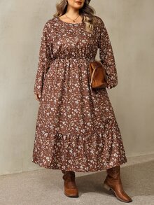 SHEIN CURVE+ French Style Plus Size Women's Long Sleeve Floral Casual Crew Neck Dress, Suitable For Autumn/Winter, 5XL-8XL Fall - Brown - View 8