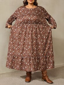 SHEIN CURVE+ French Style Plus Size Women's Long Sleeve Floral Casual Crew Neck Dress, Suitable For Autumn/Winter, 5XL-8XL Fall - Brown - View 3
