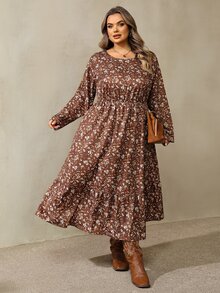 SHEIN CURVE+ French Style Plus Size Women's Long Sleeve Floral Casual Crew Neck Dress, Suitable For Autumn/Winter, 5XL-8XL Fall - Brown - View 6