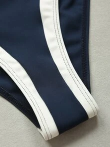 Dewbera Dewbera Blue & White Colorblock Double Layer Spaghetti Strap High Cut Minimalist Retro Sport Jumpsuit - Blue and White - View 6