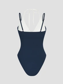 Dewbera Dewbera Blue & White Colorblock Double Layer Spaghetti Strap High Cut Minimalist Retro Sport Jumpsuit - Blue and White - View 2
