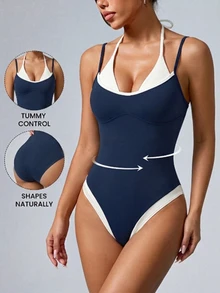 Dewbera Dewbera Blue & White Colorblock Double Layer Spaghetti Strap High Cut Minimalist Retro Sport Jumpsuit - Blue and White - View 1