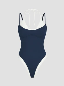 Dewbera Dewbera Blue & White Colorblock Double Layer Spaghetti Strap High Cut Minimalist Retro Sport Jumpsuit - Blue and White - View 3
