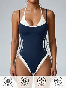 Dewbera Dewbera Blue & White Colorblock Double Layer Spaghetti Strap High Cut Minimalist Retro Sport Jumpsuit - Blue and White - View 7