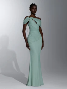 Elitara Gaun Malam Formal untuk Pesta Prom/Pernikahan, Pesta Prom, Gaun Pesta Prom dengan Detail Lipatan Asimetris dan Keriput, Satu Bahu, Model A-Line Bodycon Warna Hijau Sage Elegan, Cocok untuk Bridesmaid, Tamu Pernikahan, dan Pesta Prom. - Hijau - View 6