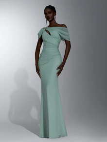 Elitara Gaun Malam Formal untuk Pesta Prom/Pernikahan, Pesta Prom, Gaun Pesta Prom dengan Detail Lipatan Asimetris dan Keriput, Satu Bahu, Model A-Line Bodycon Warna Hijau Sage Elegan, Cocok untuk Bridesmaid, Tamu Pernikahan, dan Pesta Prom. - Hijau - View 2