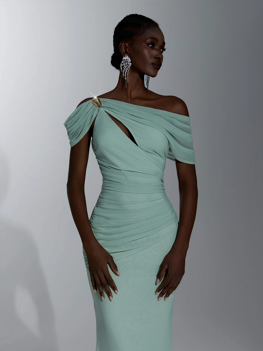 Elitara Gaun Malam Formal untuk Pesta Prom/Pernikahan, Pesta Prom, Gaun Pesta Prom dengan Detail Lipatan Asimetris dan Keriput, Satu Bahu, Model A-Line Bodycon Warna Hijau Sage Elegan, Cocok untuk Bridesmaid, Tamu Pernikahan, dan Pesta Prom. - Hijau - View 1