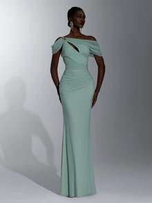 Elitara Gaun Malam Formal untuk Pesta Prom/Pernikahan, Pesta Prom, Gaun Pesta Prom dengan Detail Lipatan Asimetris dan Keriput, Satu Bahu, Model A-Line Bodycon Warna Hijau Sage Elegan, Cocok untuk Bridesmaid, Tamu Pernikahan, dan Pesta Prom. - Hijau - View 5