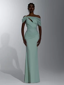 Elitara Gaun Malam Formal untuk Pesta Prom/Pernikahan, Pesta Prom, Gaun Pesta Prom dengan Detail Lipatan Asimetris dan Keriput, Satu Bahu, Model A-Line Bodycon Warna Hijau Sage Elegan, Cocok untuk Bridesmaid, Tamu Pernikahan, dan Pesta Prom. - Hijau - View 4