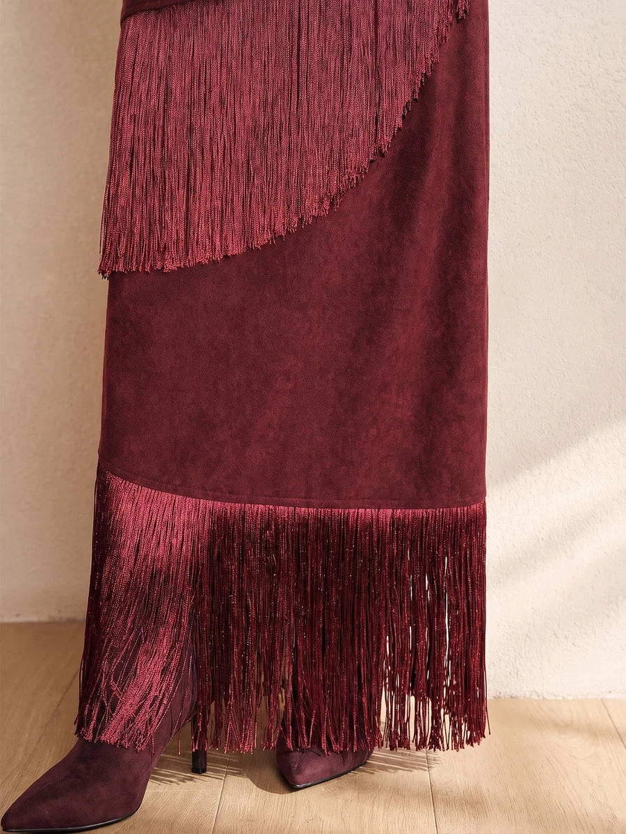 Anewsta Women's New Tassel Asymmetrical Shoulder Pleated Suede Dress, Suitable For Outings, Commuting, Parties, Evening Wear - Burgundy - View 1