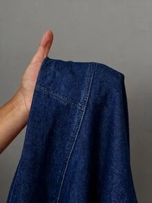 SHEIN PETITE CURVE 大尺碼女款純色高腰時尚修身喇叭牛仔褲 - 藍色 - 查看 7