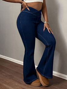 SHEIN PETITE CURVE 大尺碼女款純色高腰時尚修身喇叭牛仔褲 - 藍色 - 查看 10