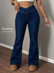 SHEIN PETITE CURVE 大尺碼女款純色高腰時尚修身喇叭牛仔褲 - 藍色 - 查看 6