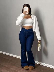 SHEIN PETITE CURVE 大尺碼女款純色高腰時尚修身喇叭牛仔褲 - 藍色 - 查看 3