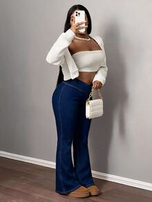 SHEIN PETITE CURVE 大尺碼女款純色高腰時尚修身喇叭牛仔褲 - 藍色 - 查看 8