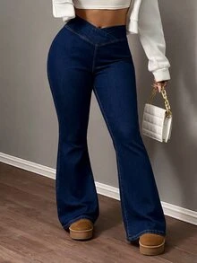 SHEIN PETITE CURVE 大尺碼女款純色高腰時尚修身喇叭牛仔褲 - 藍色 - 查看 5