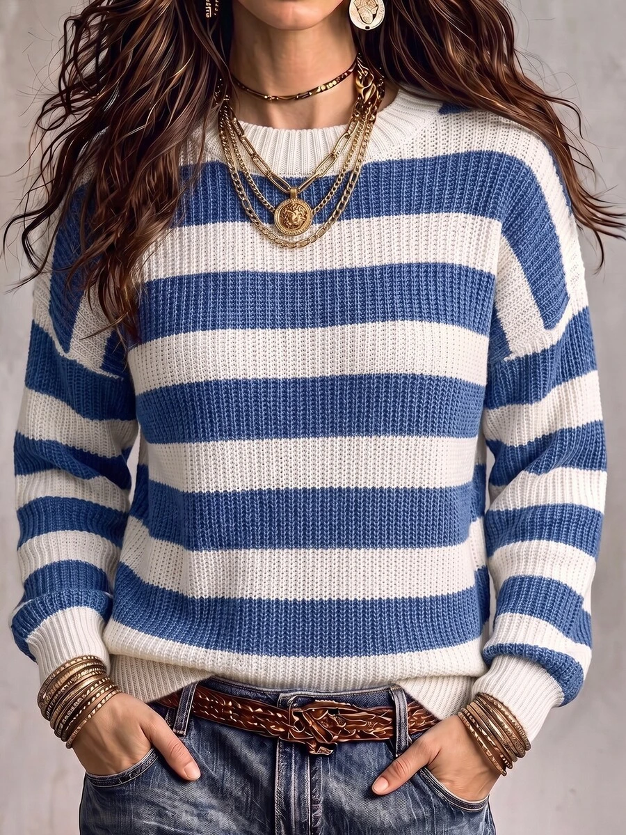 SHEIN Women's Round Neck Striped Printed Drop Shoulder Casual Sweater Pullover,Long Sleeve Tops, Knit Pullover Fall Winter - Blue and White - View 1