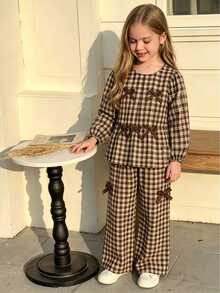 SHEIN Elladie kids 女童復古嬰兒格紋兩件套服裝組合－可愛蝴蝶結裝飾長袖上衣與長褲，學院風秋季生日棕色感恩節穿搭 - 彩色 - 查看 5