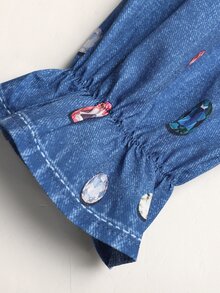 SHEIN Tween女孩優雅牛仔效果水鑽印花拼色白色大領長袖洋裝 - 藍色 - 查看 10