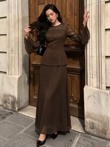 Graceveil Women's Conservative Elegant Vintage Dark Brown Round Neck Chiffon Long Sleeve Ruffle Cuff Back Zipper Daily Versatile Top Tea Party Brunch Autumn - Brown - View 9