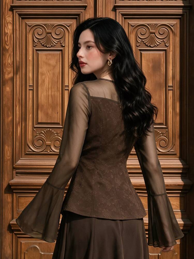 Graceveil Women's Conservative Elegant Vintage Brown Round Neck Chiffon Long Sleeve Ruffle Cuff Back Zipper Daily Versatile Essential Top - Brown - View 2