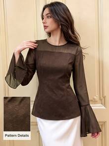 Graceveil Women's Conservative Elegant Vintage Dark Brown Round Neck Chiffon Long Sleeve Ruffle Cuff Back Zipper Daily Versatile Top Tea Party Brunch Autumn - Brown - View 2