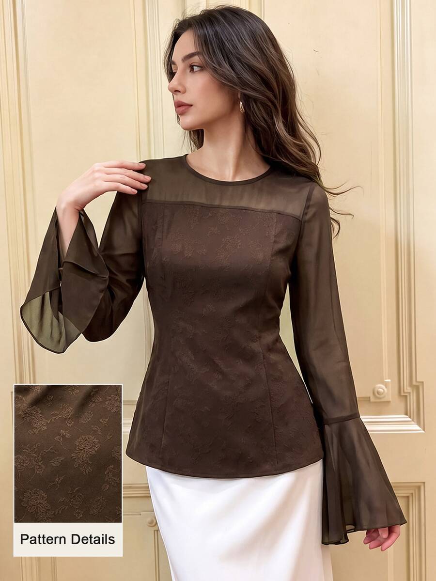 Graceveil Women's Conservative Elegant Vintage Dark Brown Round Neck Chiffon Long Sleeve Ruffle Cuff Back Zipper Daily Versatile Top Tea Party Brunch Autumn