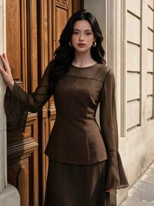 Graceveil Women's Conservative Elegant Vintage Dark Brown Round Neck Chiffon Long Sleeve Ruffle Cuff Back Zipper Daily Versatile Top Tea Party Brunch Autumn - Brown - View 5