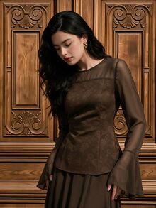 Graceveil Women's Conservative Elegant Vintage Dark Brown Round Neck Chiffon Long Sleeve Ruffle Cuff Back Zipper Daily Versatile Top Tea Party Brunch Autumn - Brown - View 8