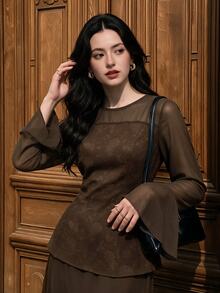 Graceveil Women's Conservative Elegant Vintage Dark Brown Round Neck Chiffon Long Sleeve Ruffle Cuff Back Zipper Daily Versatile Top Tea Party Brunch Autumn - Brown - View 4