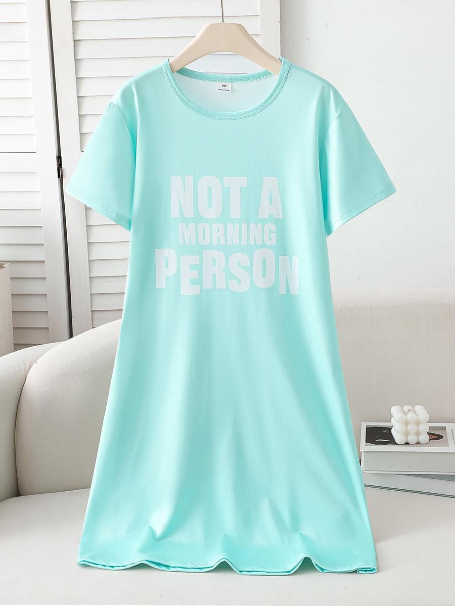 Girls' Simple English Letter Print Fashionable Cute Comfortable One-Piece Crew Neck Short Sleeve Long Nightgown Loungewear - Green - View 1