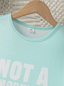 Girls' Simple English Letter Print Fashionable Cute Comfortable One-Piece Crew Neck Short Sleeve Long Nightgown Loungewear - Green - View 4