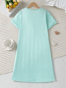 Girls' Simple English Letter Print Fashionable Cute Comfortable One-Piece Crew Neck Short Sleeve Long Nightgown Loungewear - Green - View 2