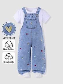 SHEIN Genkimix Kids 女童牛仔吊帶褲，淺藍色愛心刺繡，可調節肩帶，寬鬆直筒版型，適合夏季校園、牛仔風、秋冬穿著 - 淺色水洗藍 - 查看 7