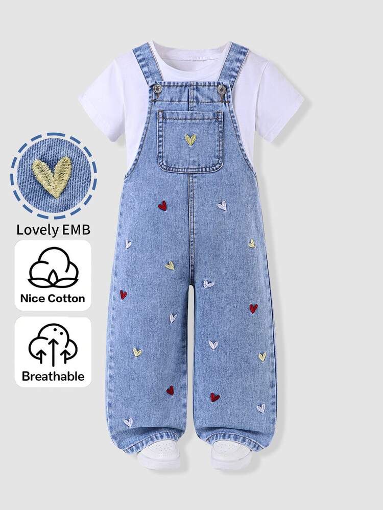 SHEIN Genkimix Kids 女童牛仔吊帶褲，淺藍色愛心刺繡，可調節肩帶，寬鬆直筒版型，適合夏季校園、牛仔風、秋冬穿著 - 淺色水洗藍 - 查看 6