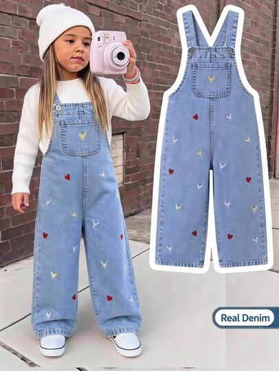 SHEIN Genkimix Kids Girls' Denim Overalls, Light Blue Heart Embroidery, Adjustable Straps, Loose Straight Fit, Summer School Cowgirl