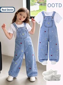 SHEIN Genkimix Kids 女童牛仔吊帶褲，淺藍色愛心刺繡，可調節肩帶，寬鬆直筒版型，適合夏季校園、牛仔風、秋冬穿著 - 淺色水洗藍 - 查看 5