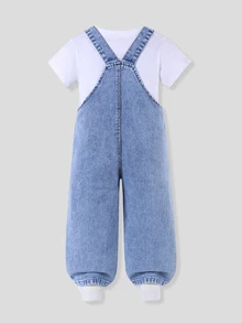 SHEIN Genkimix Kids 女童牛仔吊帶褲，淺藍色愛心刺繡，可調節肩帶，寬鬆直筒版型，適合夏季校園、牛仔風、秋冬穿著 - 淺色水洗藍 - 查看 3