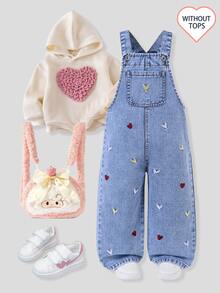 SHEIN Genkimix Kids 女童牛仔吊帶褲，淺藍色愛心刺繡，可調節肩帶，寬鬆直筒版型，適合夏季校園、牛仔風、秋冬穿著 - 淺色水洗藍 - 查看 6