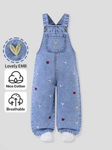 SHEIN Genkimix Kids 女童牛仔吊帶褲，淺藍色愛心刺繡，可調節肩帶，寬鬆直筒版型，適合夏季校園、牛仔風、秋冬穿著 - 淺色水洗藍 - 查看 4