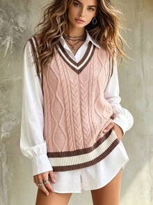 Franclia 女式撞色 V 领无袖时尚麻花针织套头毛衣背心 - 彩色 - 查看 4